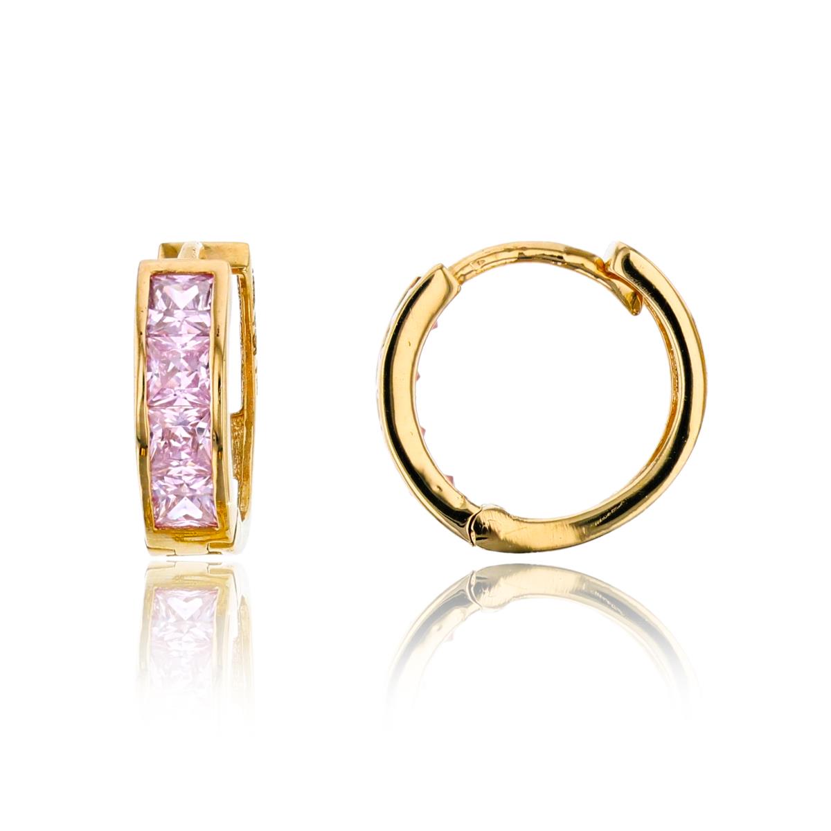 10K Yellow Gold Princess Cut Pink CZ Channel 11x3.5mm Huggie Earring