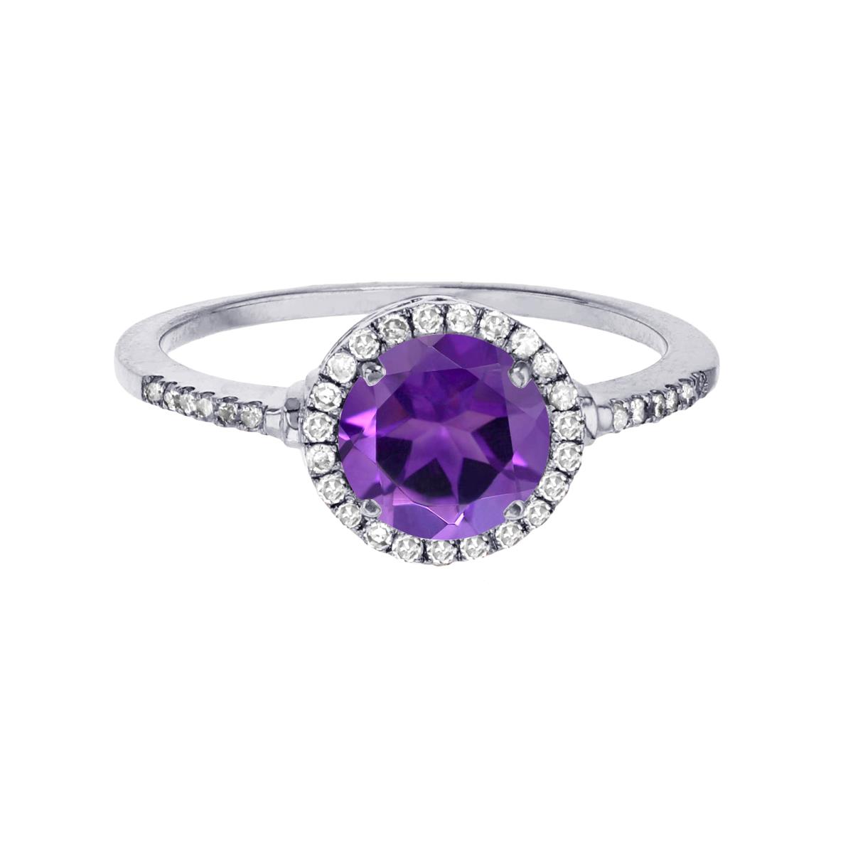 Sterling Silver Rhodium 7mm Round Amethyst & Created White Sapphire Halo Ring