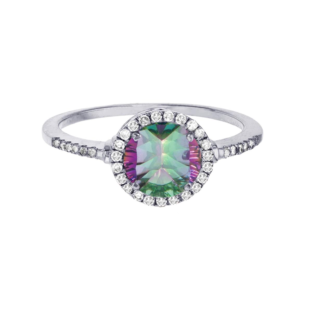 Sterling Silver Rhodium 7mm Round Mystic Green Topaz & Created White Sapphire Halo Ring