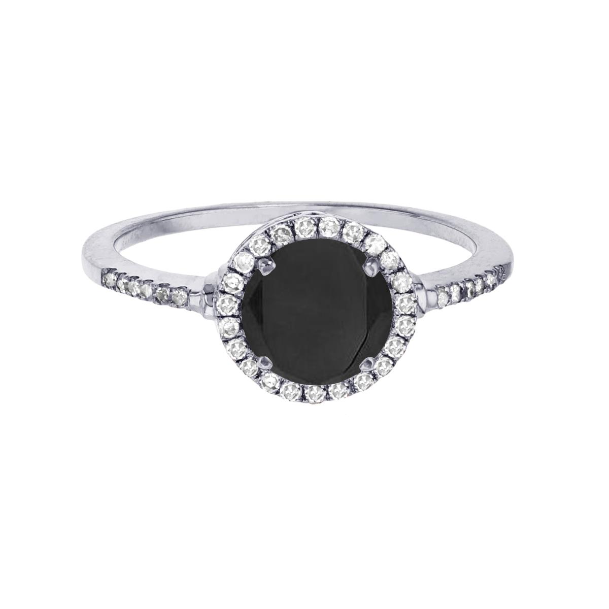 Sterling Silver Rhodium 7mm Round Onyx & Created White Sapphire Halo Ring