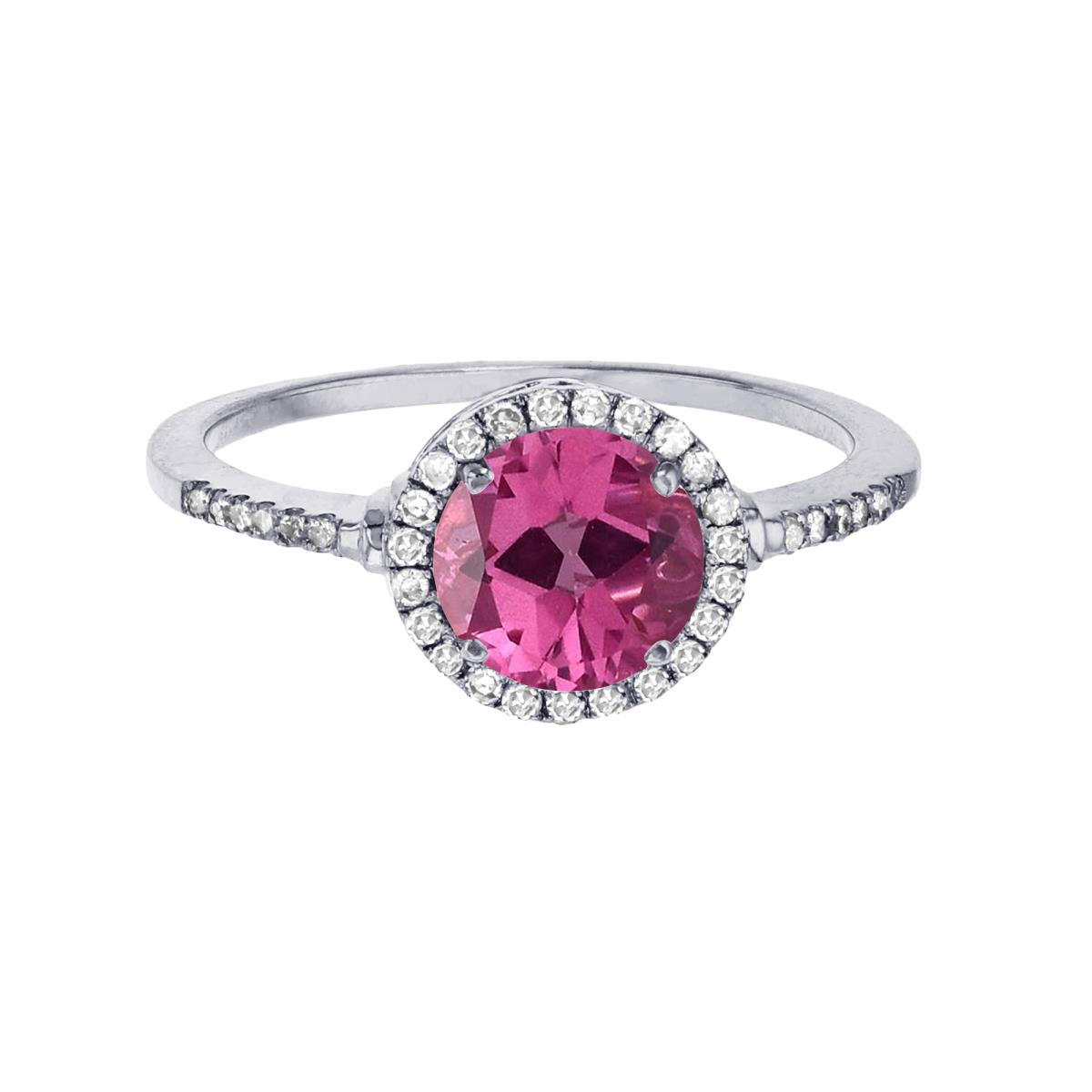 Sterling Silver Rhodium 7mm Round Pure Pink & Created White Sapphire Halo Ring