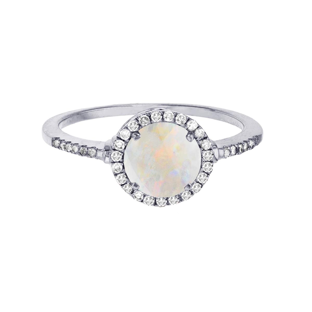 Sterling Silver Rhodium 7mm Round Opal & Created White Sapphire Halo Ring