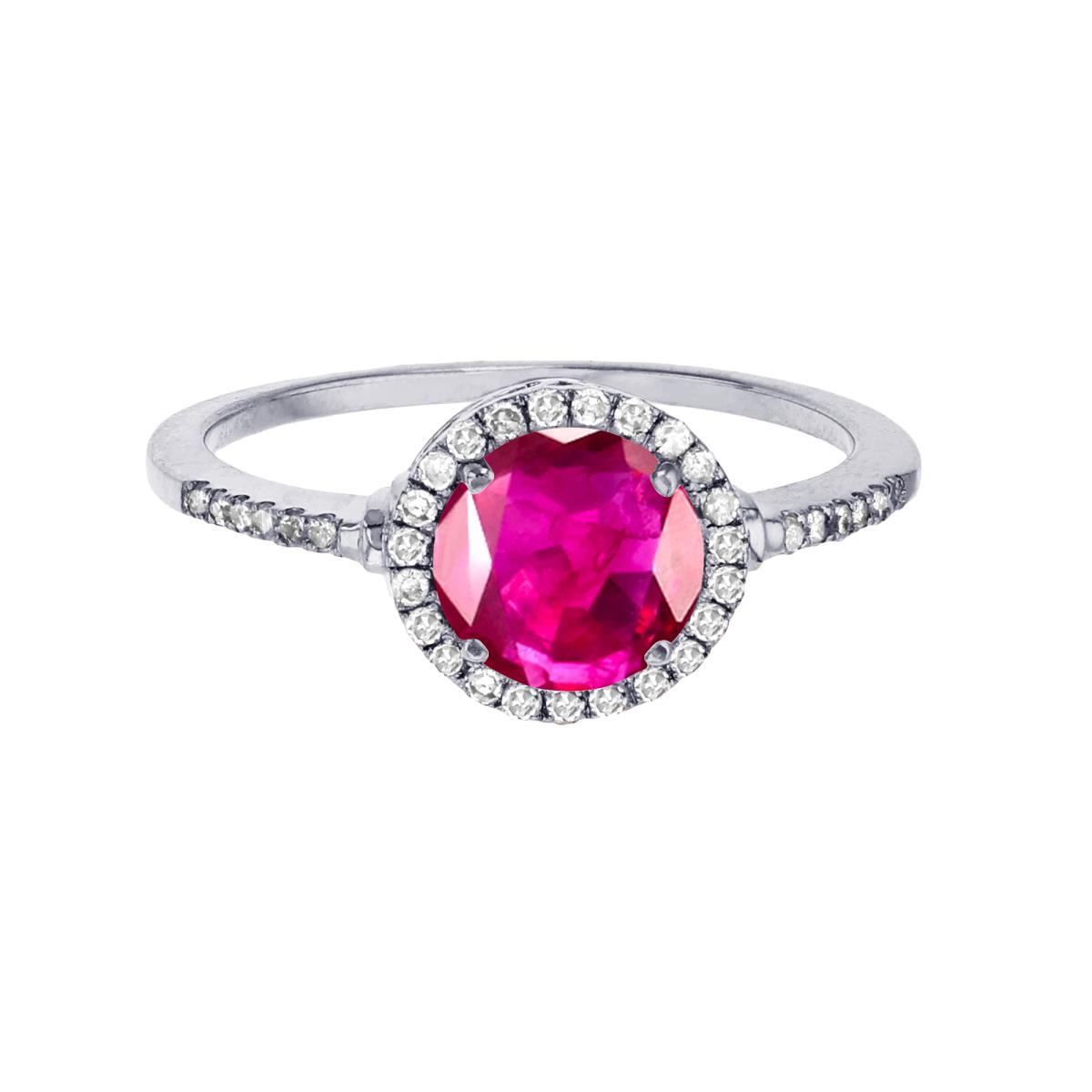 Sterling Silver Rhodium 7mm Round Glass Filled Ruby & Created White Sapphire Halo Ring