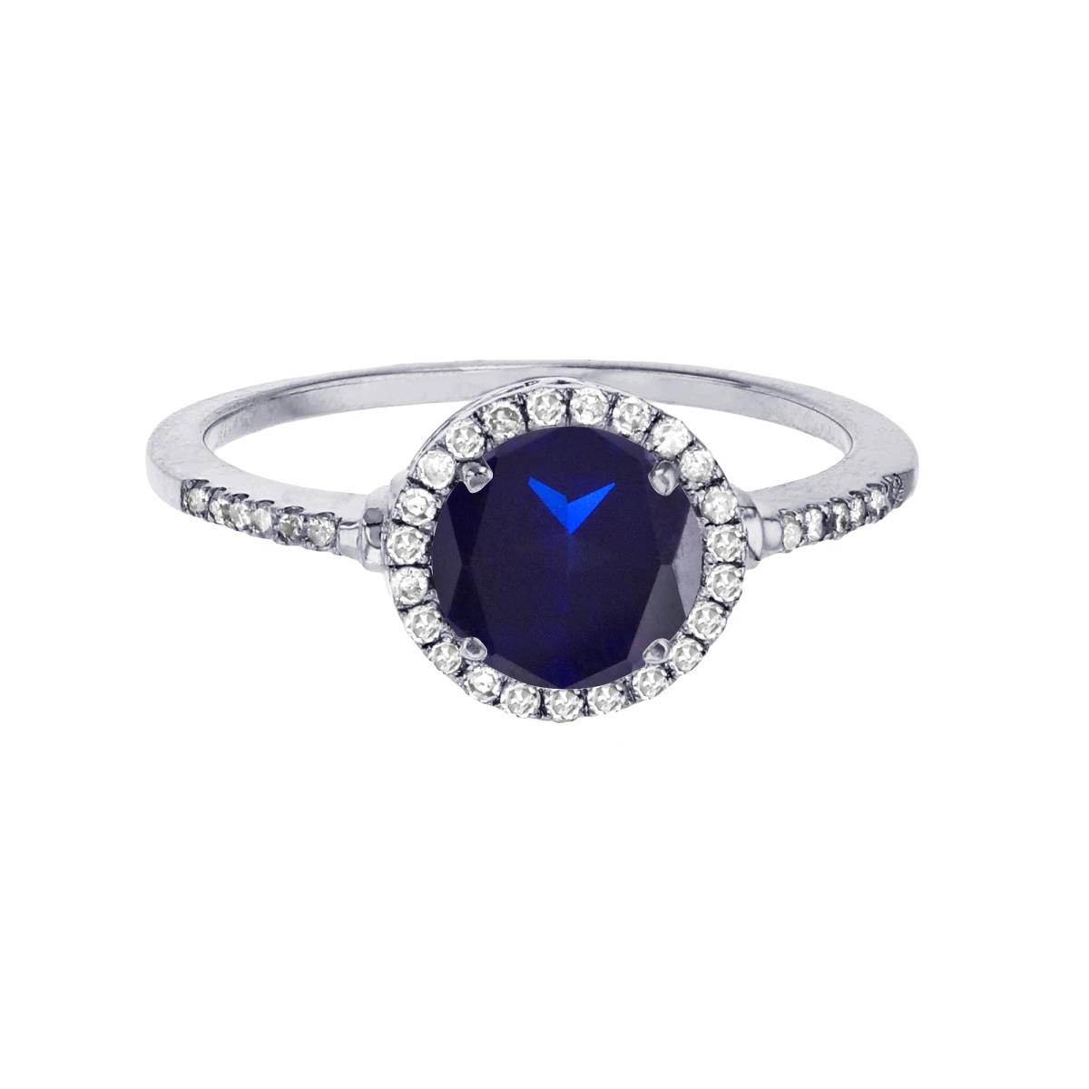 Sterling Silver Rhodium 7mm Round Cr Blue Sapphire & Cr White Sapphire Halo Ring