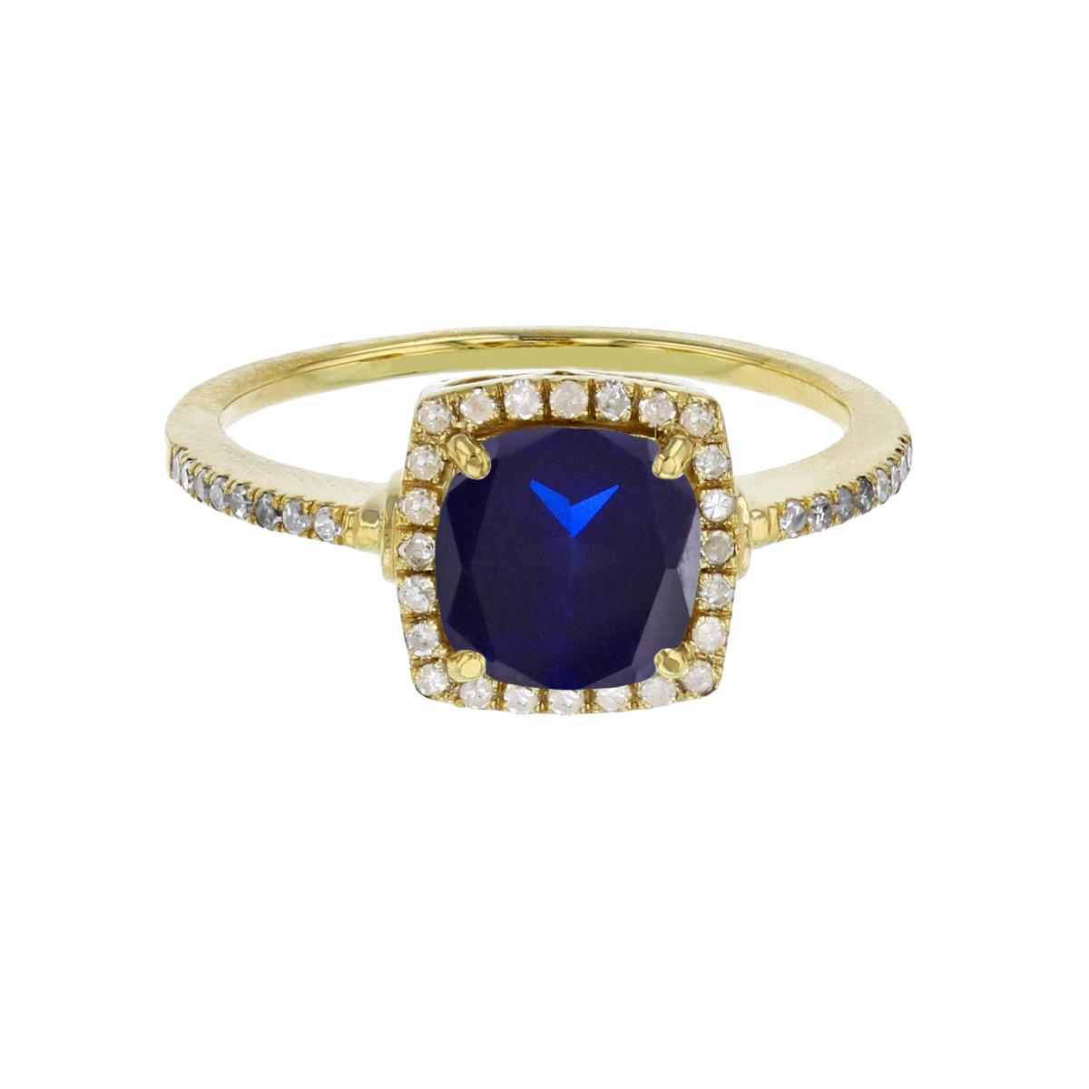 Sterling Silver Yellow 7mm Cushion Cr Blue Sapphire & Cr White Sapphire Halo Ring