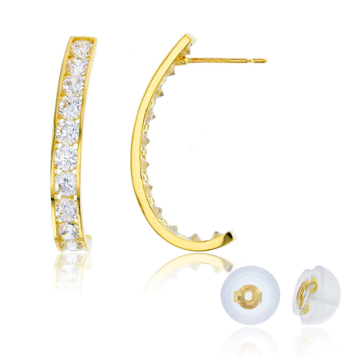 10K Yellow Gold Rnd CZ  25.5x4mm Channel J-Hoop Earring with Silicon Backs