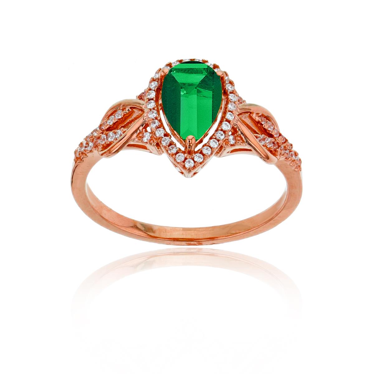 14K Rose Gold 0.17CTTW Rnd Diamond & 8x5mm Pear Cut Created Emerald Knot Sides Ring