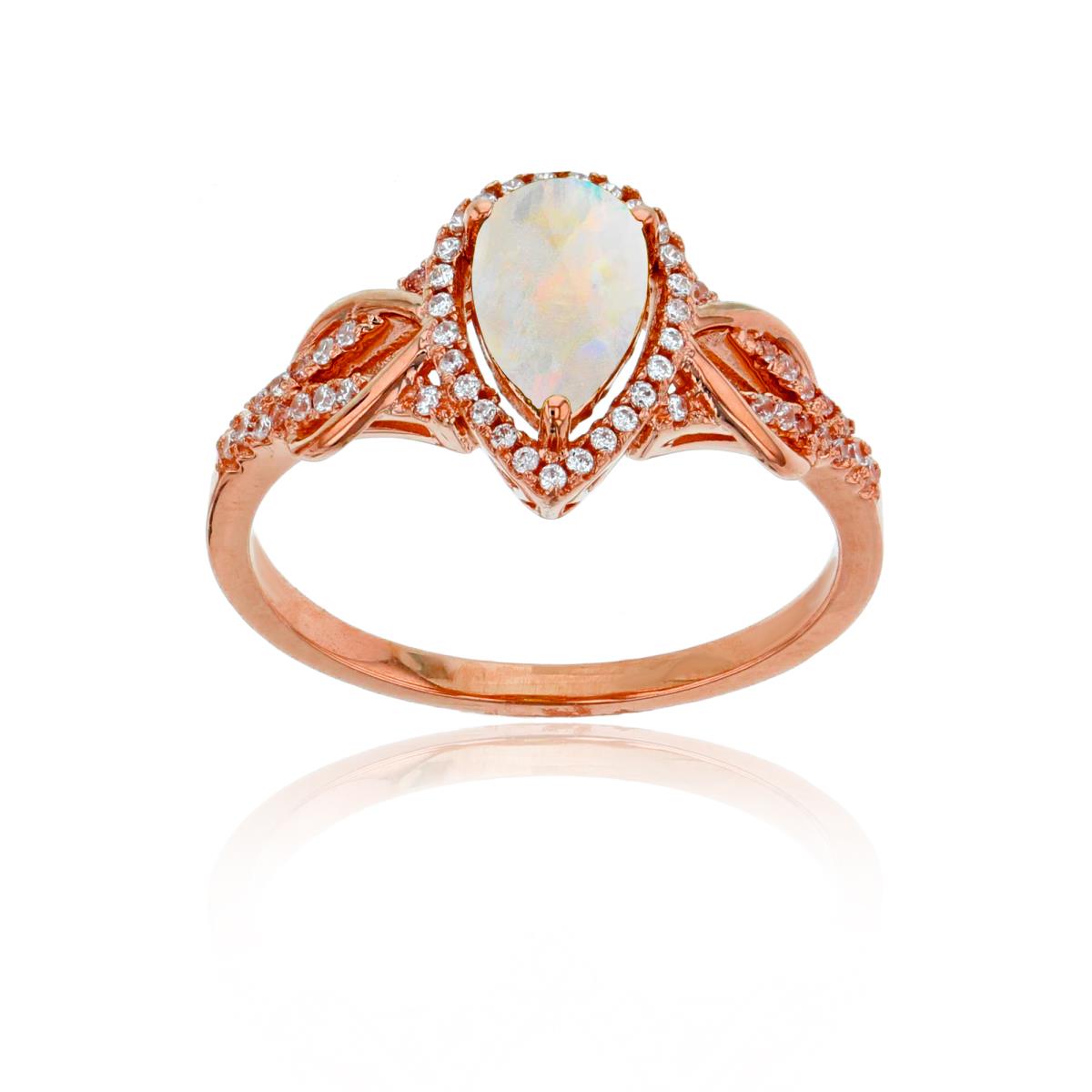 14K Rose Gold 0.17CTTW Rnd Diamond & 8x5mm Pear Cut Created Opal Knot Sides Ring