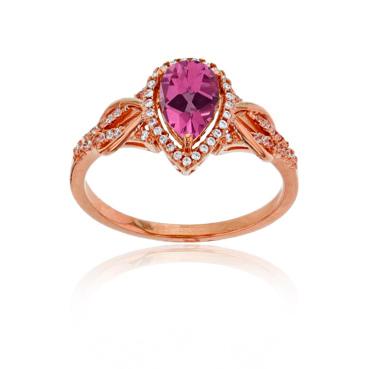 14K Rose Gold 0.17CTTW Rnd Diamond & 8x5mm Pear Cut Created Pink Sapphire Knot Sides Ring