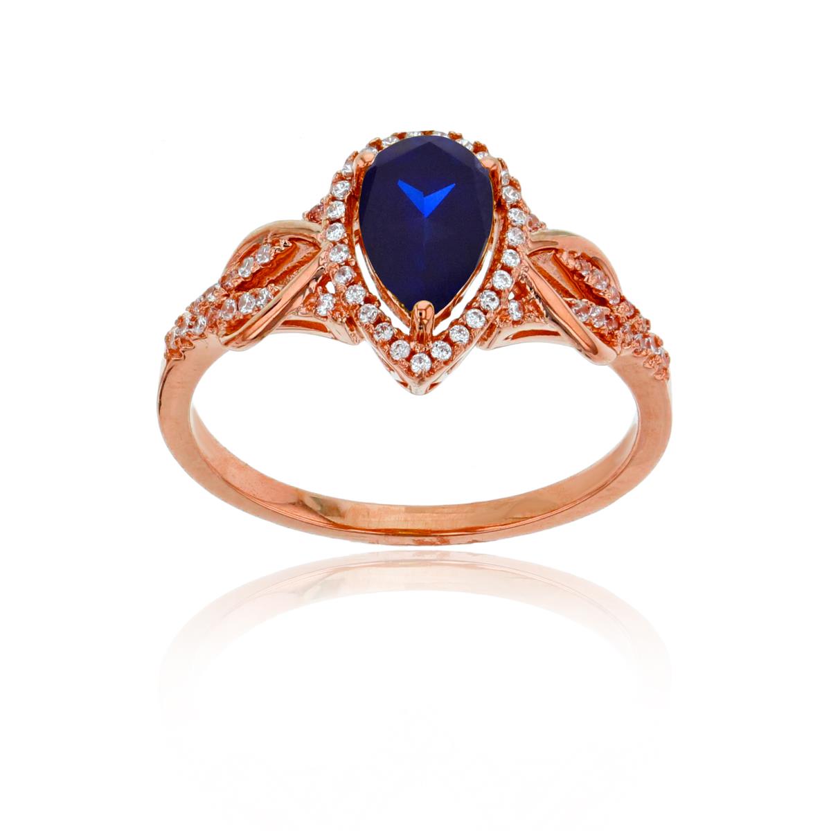 14K Rose Gold 0.17CTTW Rnd Diamond & 8x5mm Pear Cut Created Blue Sapphire Knot Sides Ring