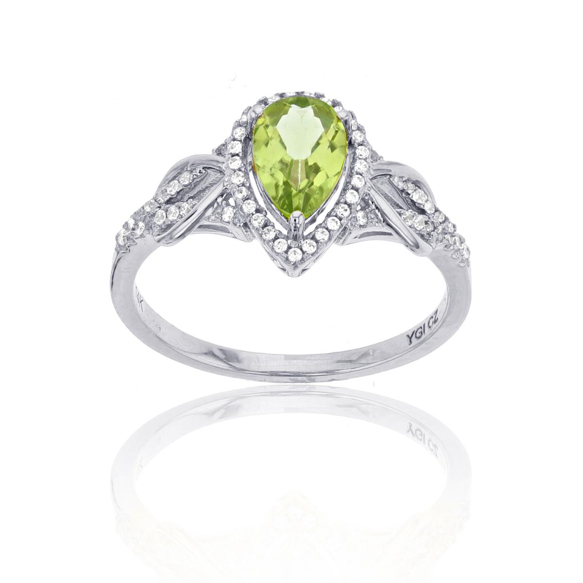 14K White Gold 0.17CTTW Rnd Diamond & 8x5mm Pear Cut Peridot Knot Sides Ring