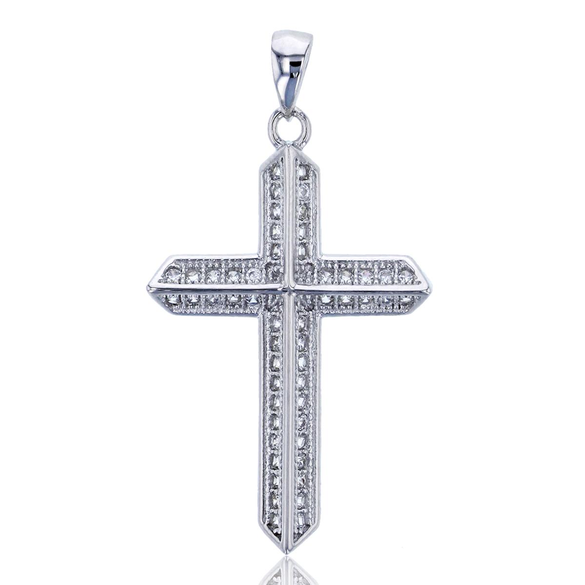 Sterling Silver Rhodium Micropave 30x17mm Cross 18" Necklace