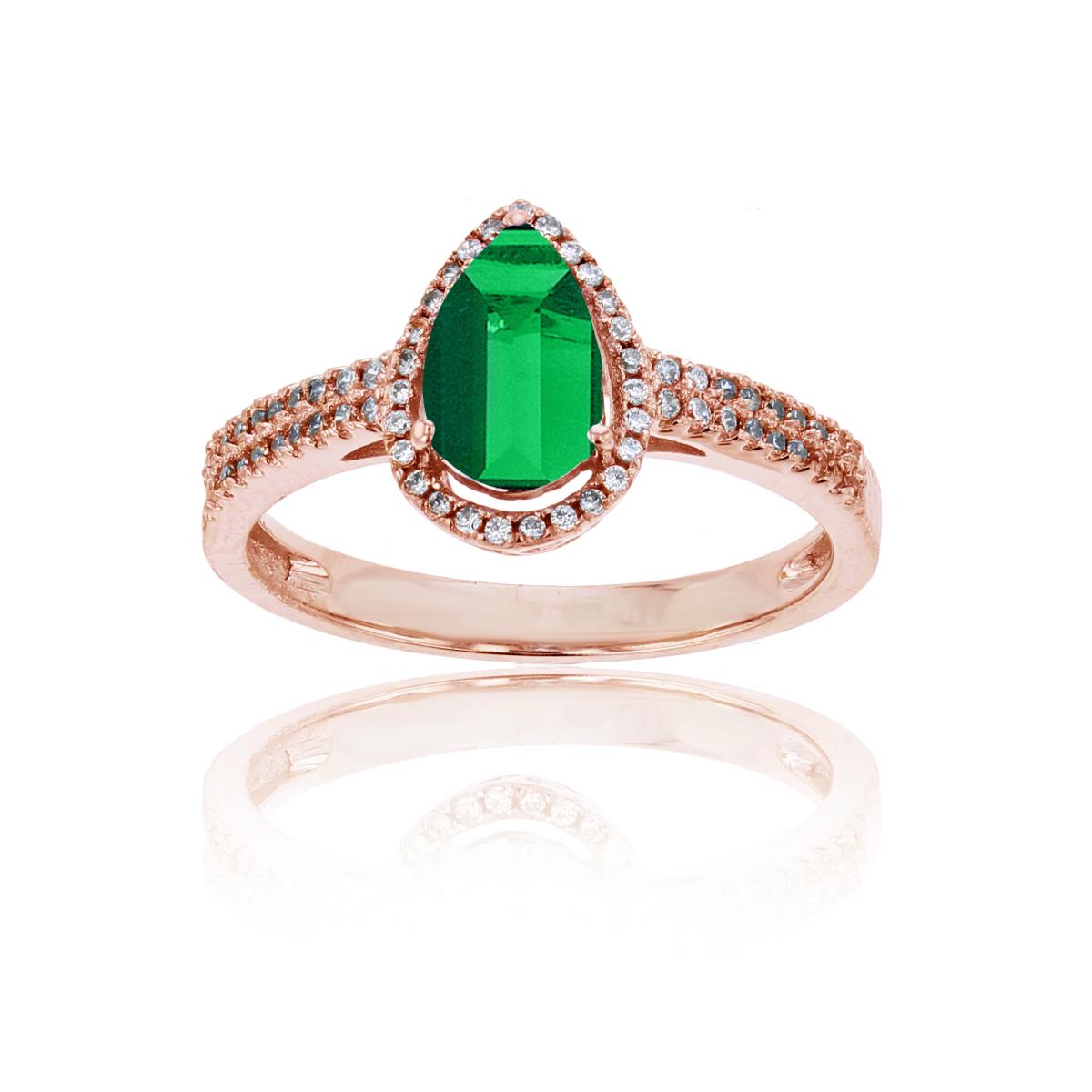 14K Rose Gold 0.20 CTTW Round Diamond & 8x5mm Pear Cut Created Emerald Halo Ring