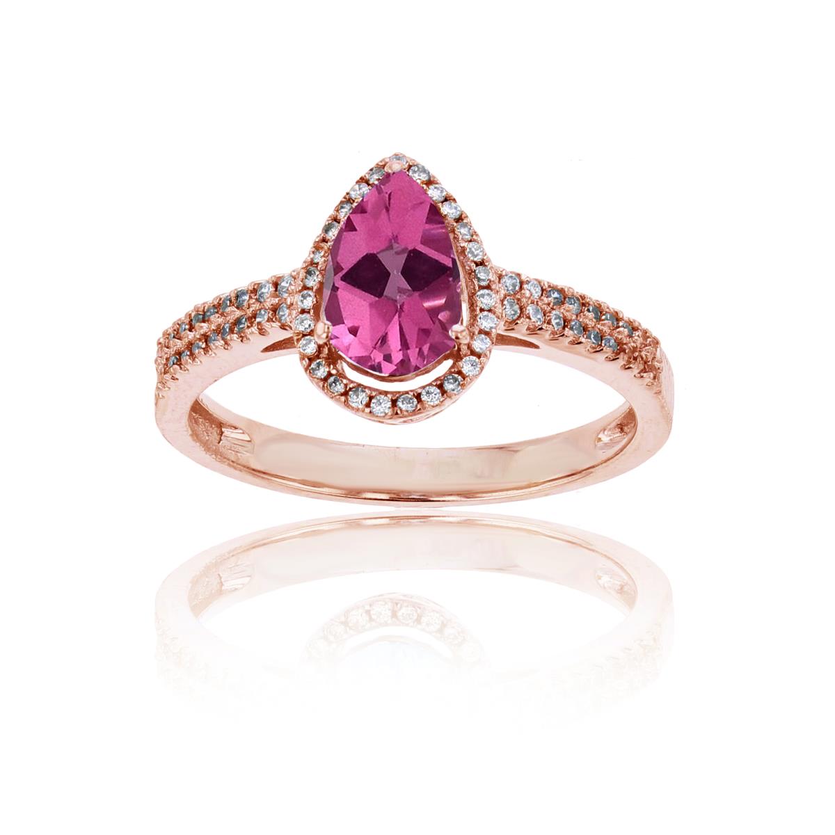 14K Rose Gold 0.20 CTTW Round Diamond & 8x5mm Pear Cut Created Pink Sapphire Halo Ring