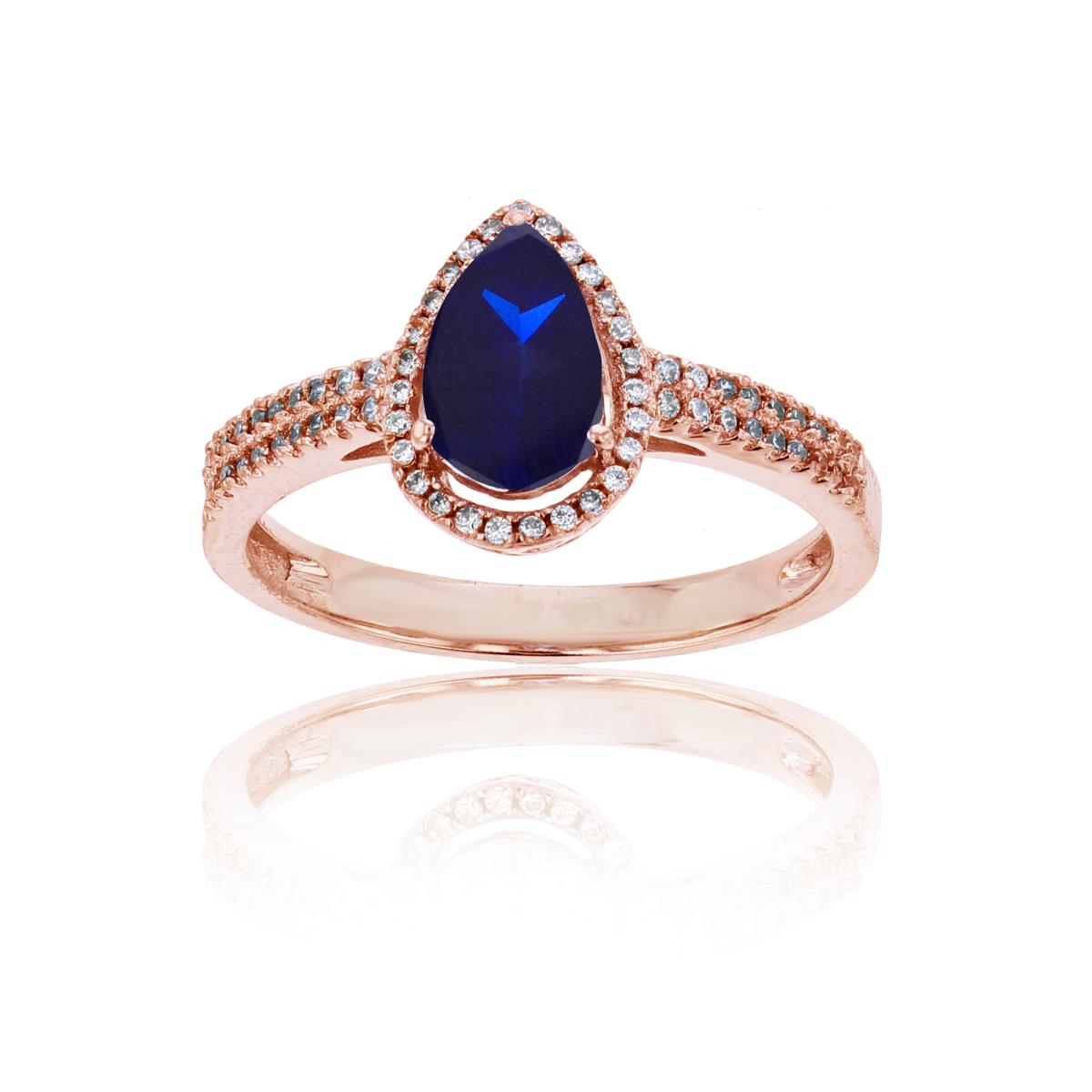 14K Rose Gold 0.20 CTTW Round Diamond & 8x5mm Pear Cut Created Blue Sapphire Halo Ring
