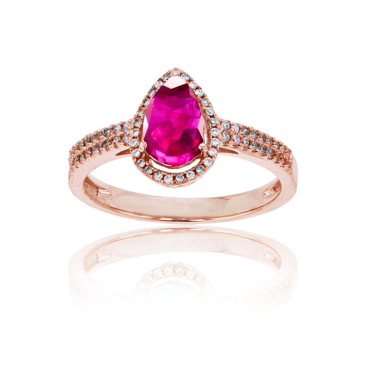 14K Rose Gold 0.20 CTTW Round Diamond & 8x5mm Pear Cut Created Ruby Halo Ring