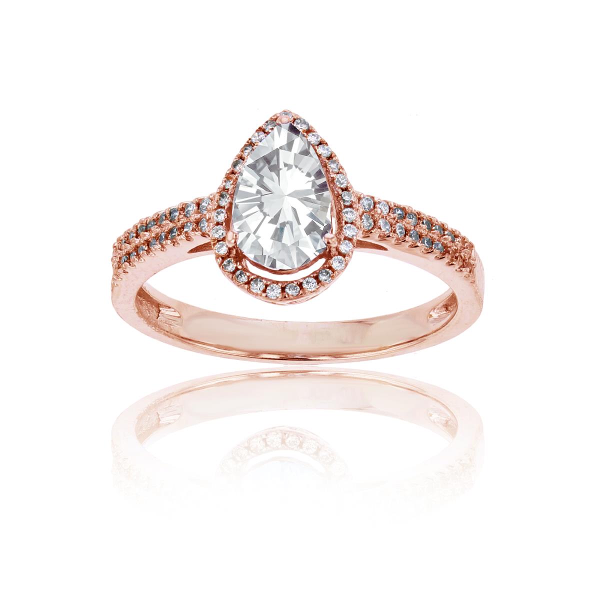 14K Rose Gold 0.20 CTTW Round Diamond & 8x5mm Pear Cut Created White Sapphire Halo Ring