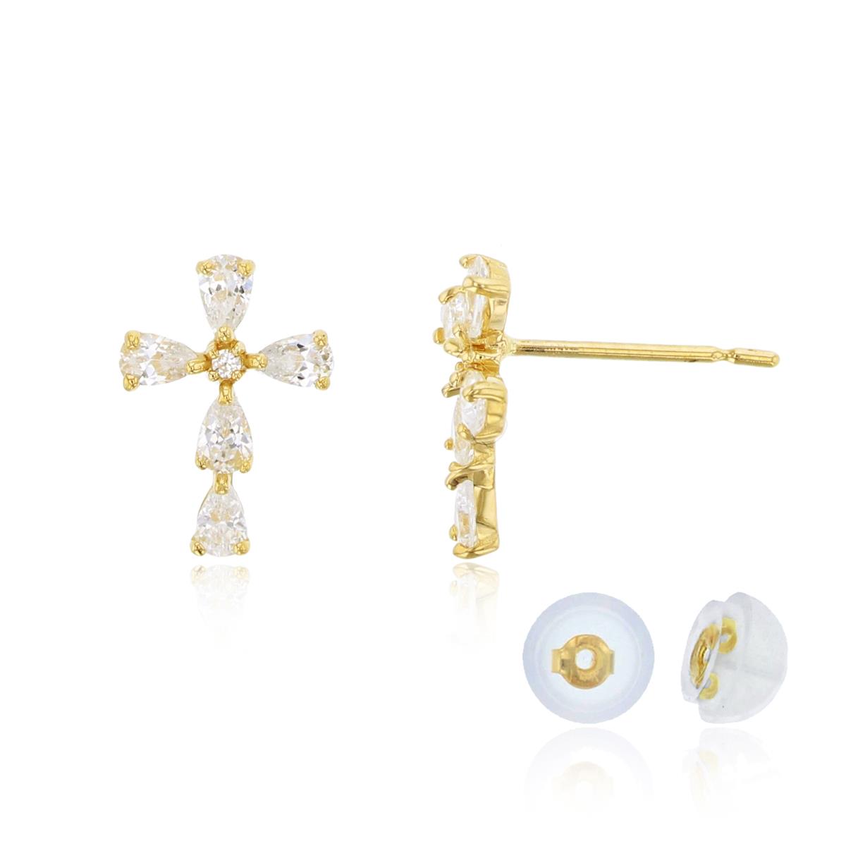 14K Yellow Gold Rnd & PS CZ Cross Stud Earring with Silicon Backs