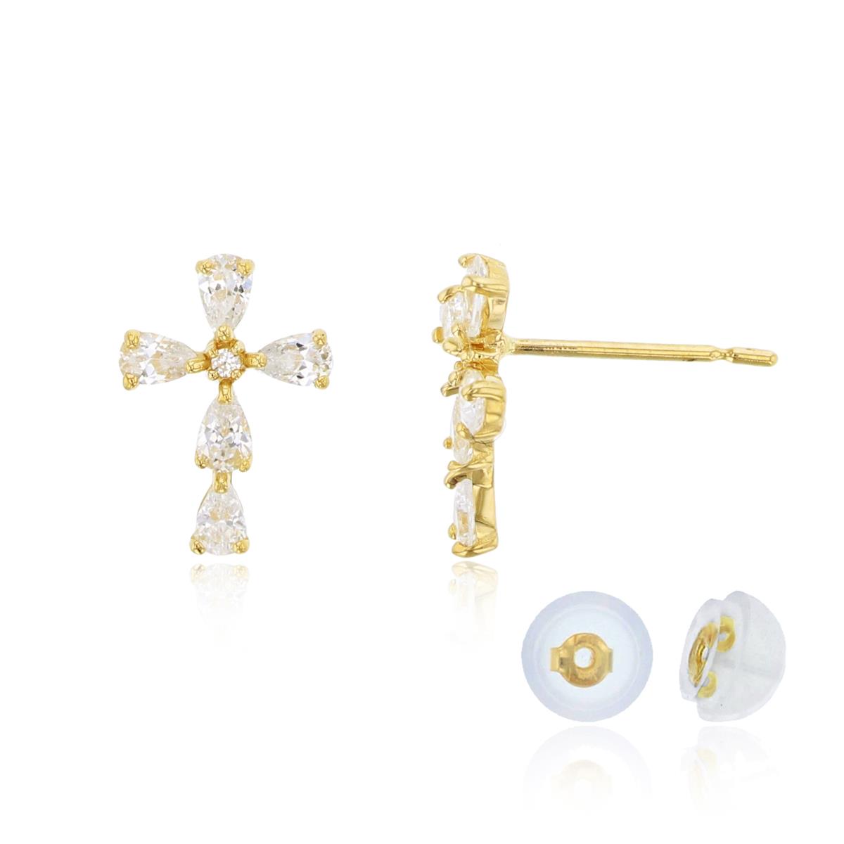 10K Yellow Gold Rnd & PS CZ Cross Stud Earring with Silicon Backs