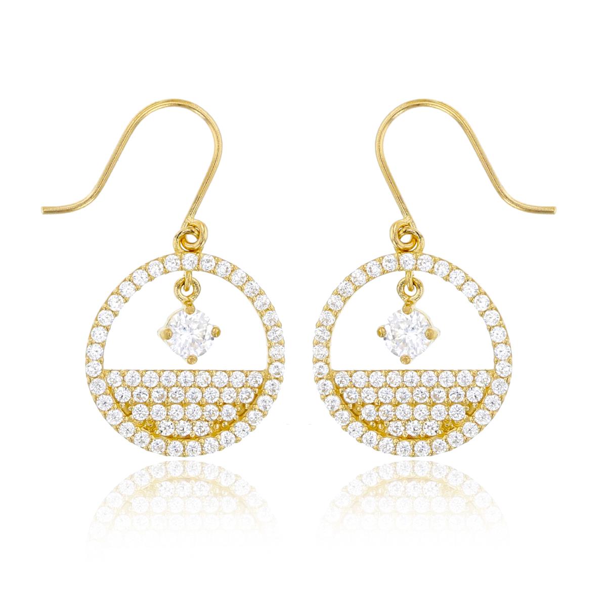 14K Yellow Gold Rnd CZ Dancing Drop inside Micropaved Circle Earring