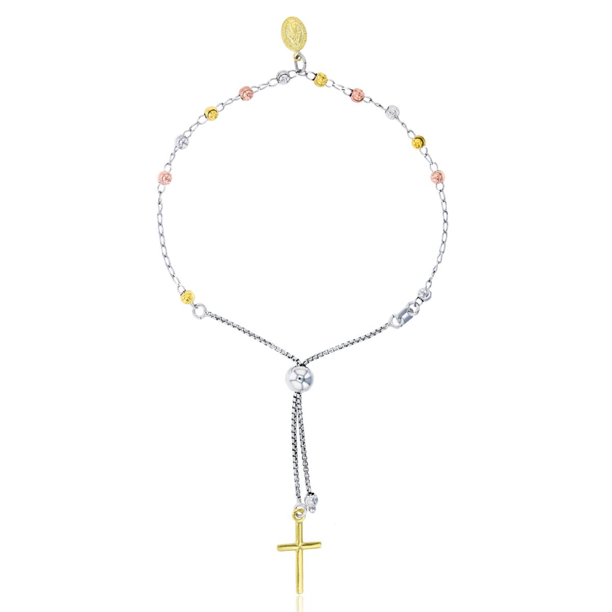 Sterling Silver Tri-Color Moon DC Bead Virgin Mary & Cross Adjustable Bracelet