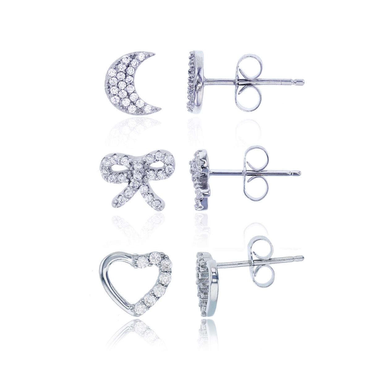 Sterling Silver Rhodium Micropave Bow, Crescent Moon & Heart Stud Earring Set
