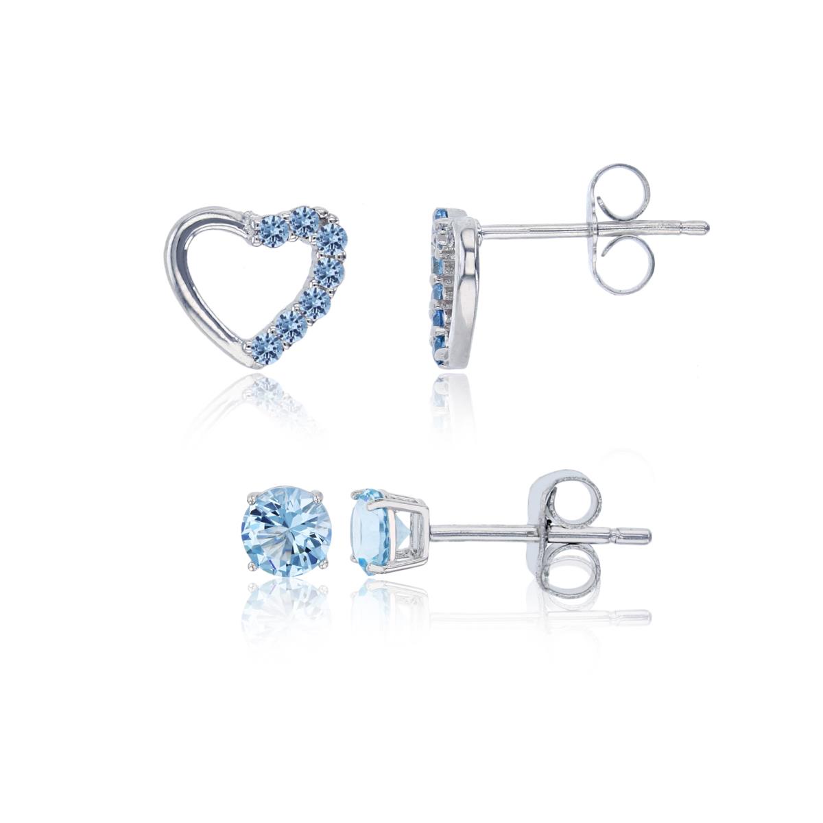 Sterling Silver Rhodium 8x9mm Sky Blue Heart & 5mm Rd Solitaire Stud Earring Set