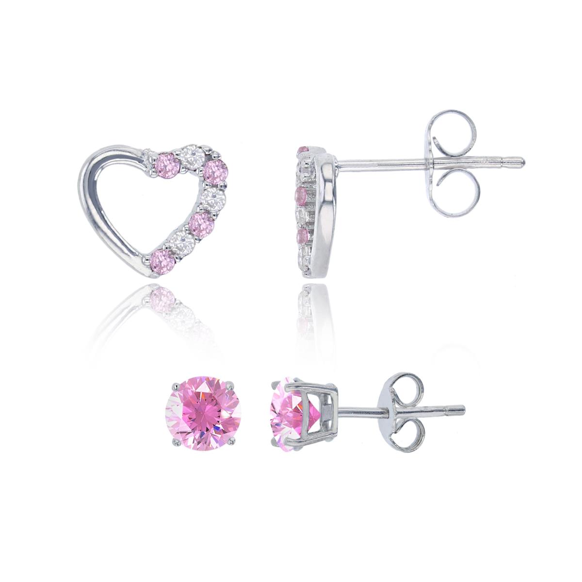 Sterling Silver Rhodium 8x9mm Pink/White Heart & 5mm Pink Rd Solitaire Stud Earring Set