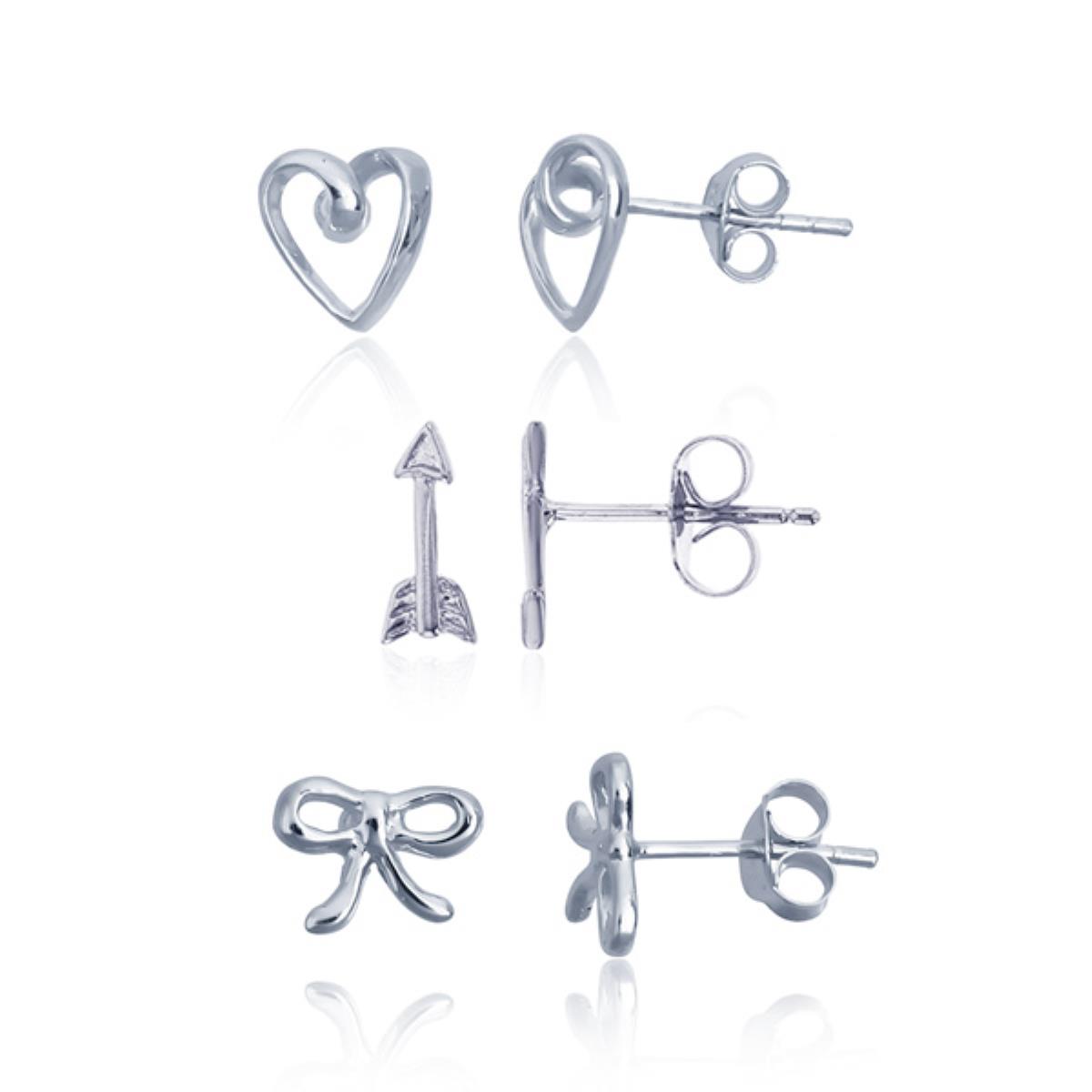 Sterling Silver Rhodium Heart, Arrow & Ribbon Stud Earring Set