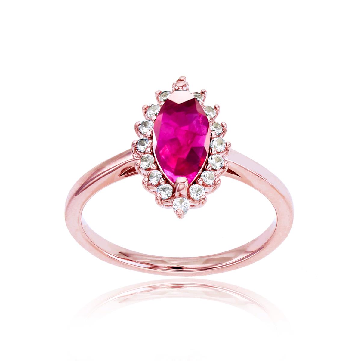 14K Rose Gold 10x5 Mq Glass Filled Ruby & Rd White Topaz Ring