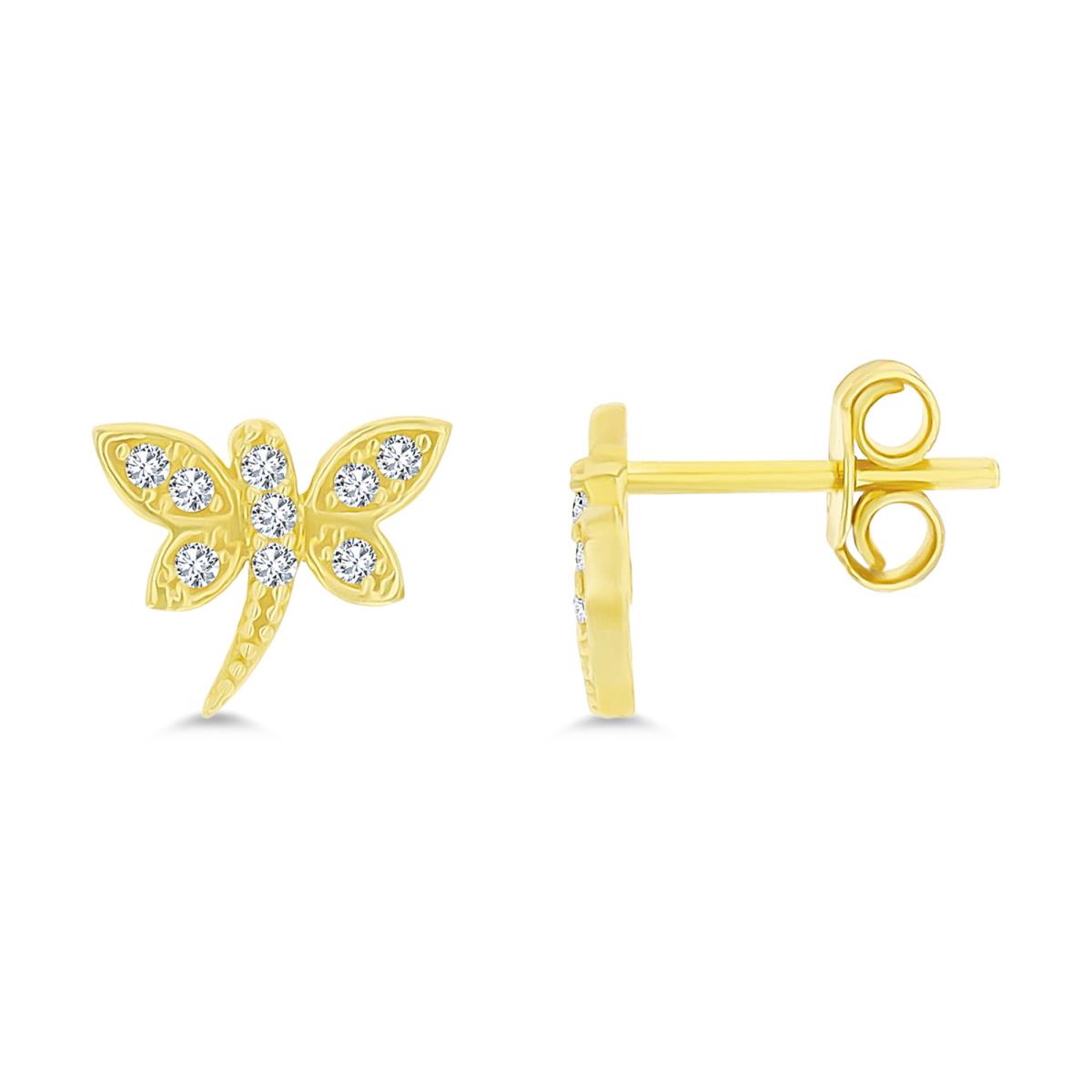 10K Yellow Gold Micropave CZ Dragonfly Stud Earring with Clutch Back