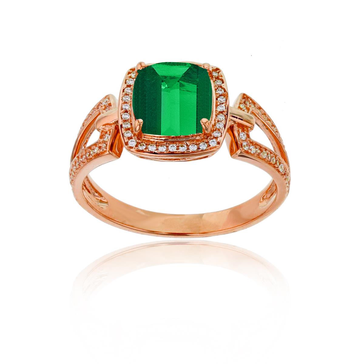 Sterling Silver Rose 0.18 CTTW Rnd Diamond & 7mm Cushion Created Emerald Split Sides Ring