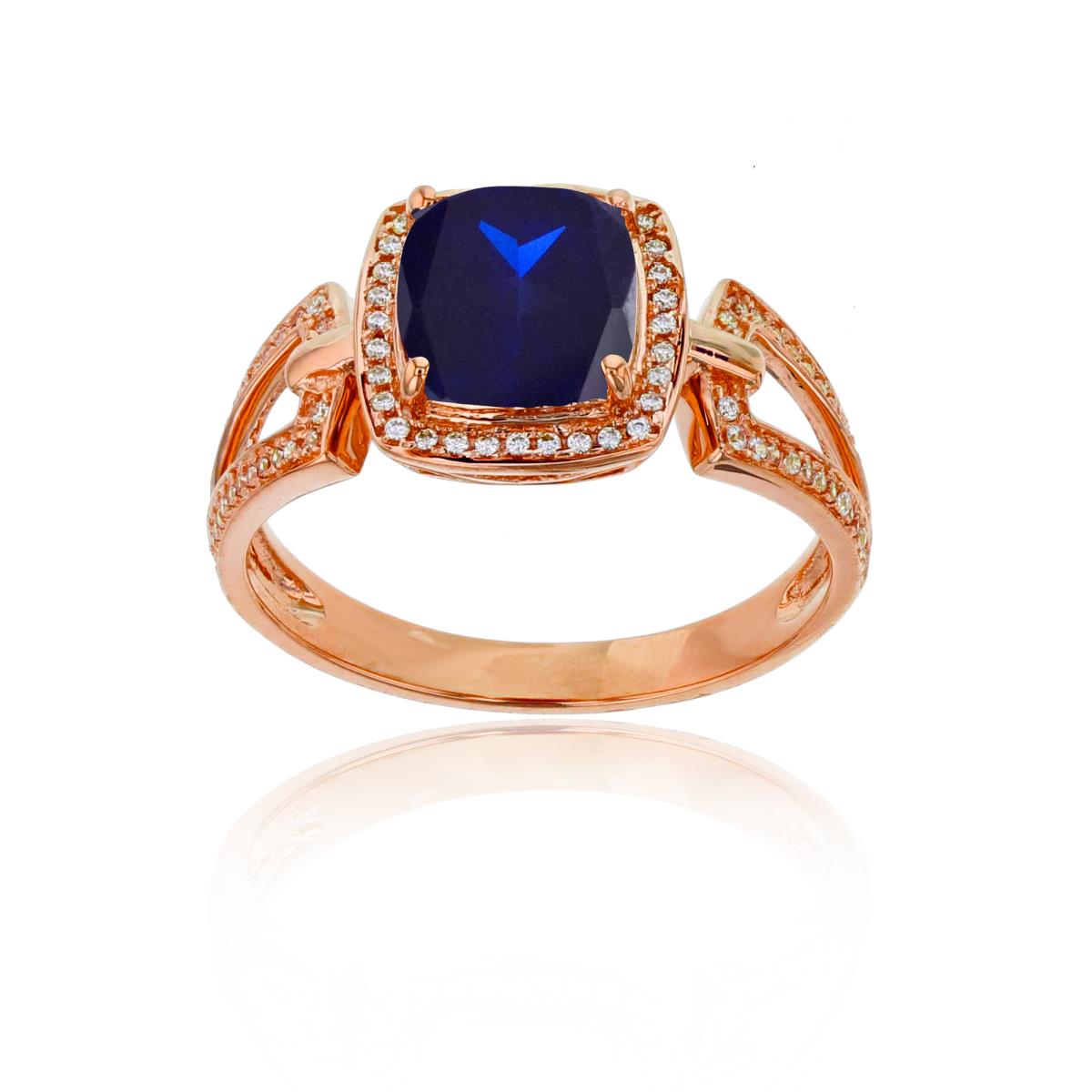 Sterling Silver Rose 0.18 CTTW Rnd Diamond & 7mm Cushion Created Blue Sapphire Split Sides Ring