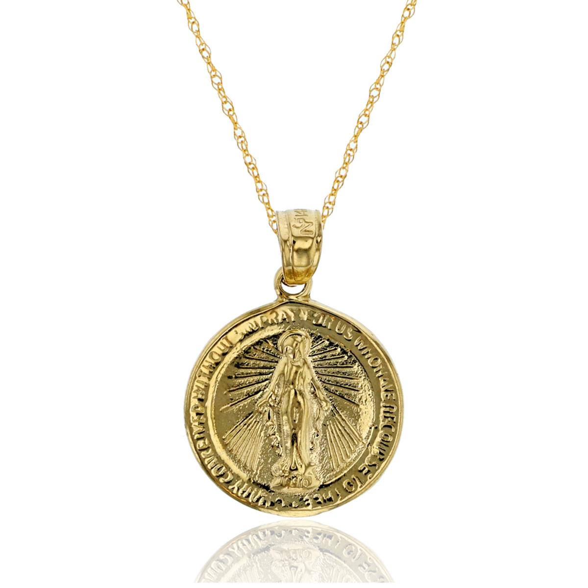 14K Yellow Gold 14mm Rd Miraculous Mother Virgin Mary Medal 18" Rope Chain Necklace