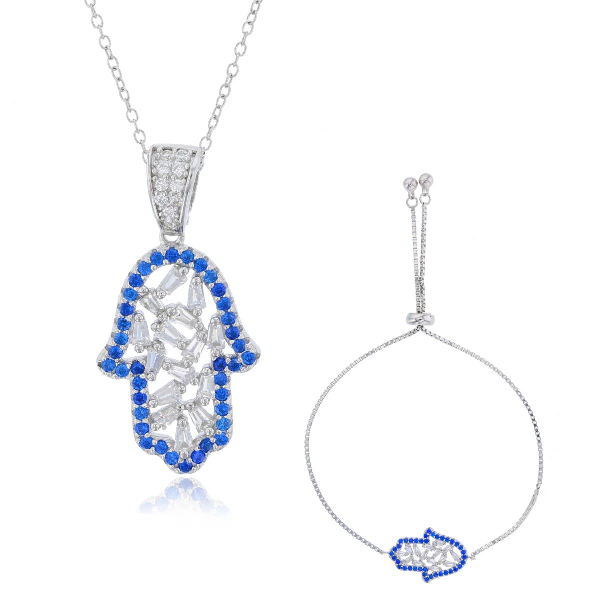 Sterling Silver Rhodium #113 Blue & White CZ Hamsa 18" Necklace & Bracelet Set