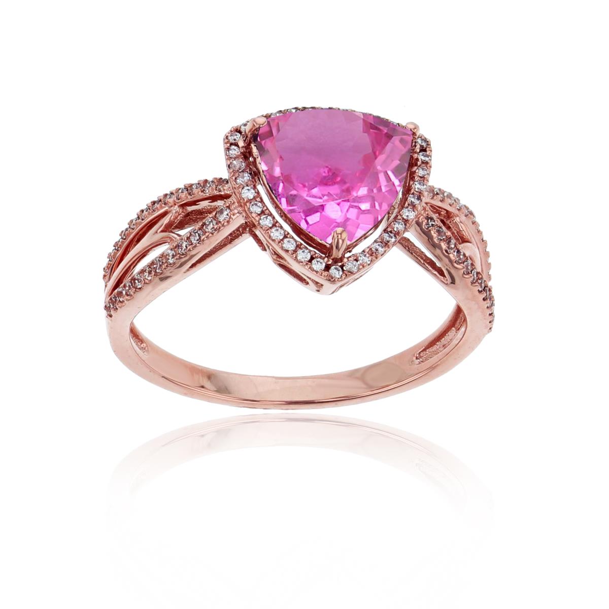 Sterling Silver Rose 0.20 CTTW Rnd Diamond & 8mm Trillion Created Pink Sapphire Split Shank Ring