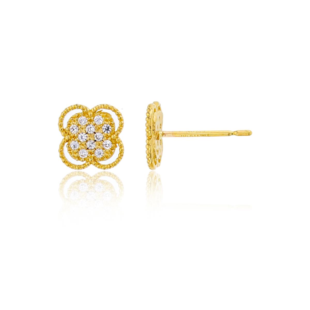 14K Yellow Gold Rnd CZ Micropave Milgrain Flower Studs