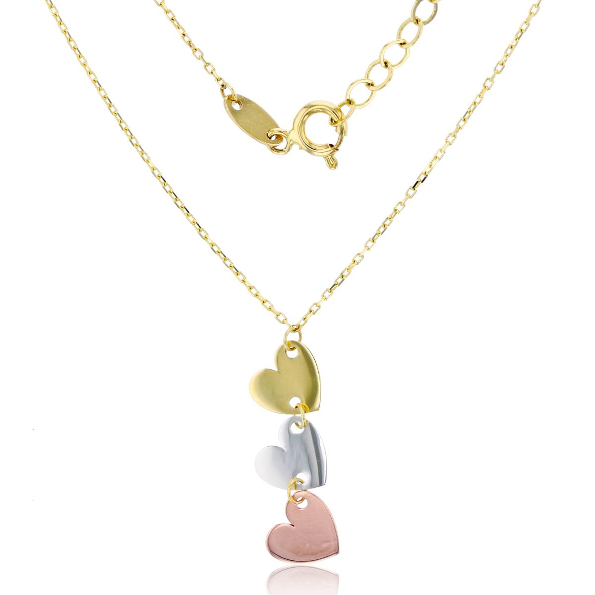 14K Tri-Color Gold Polished Triple Hearts 17"+1" Necklace