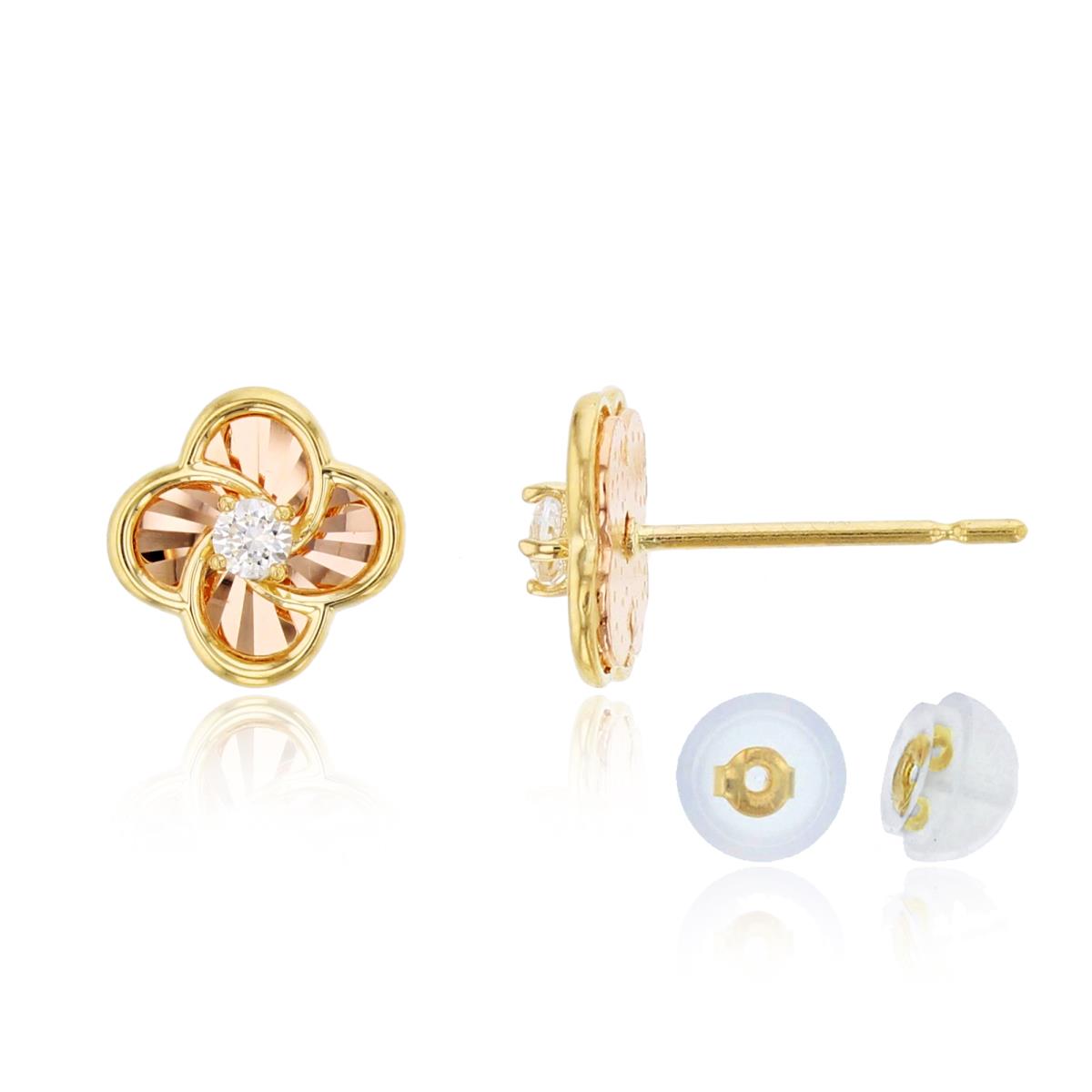 14K Yellow Gold Rnd CZ Center Diamond Cut Flower Studs with Silicon Backs