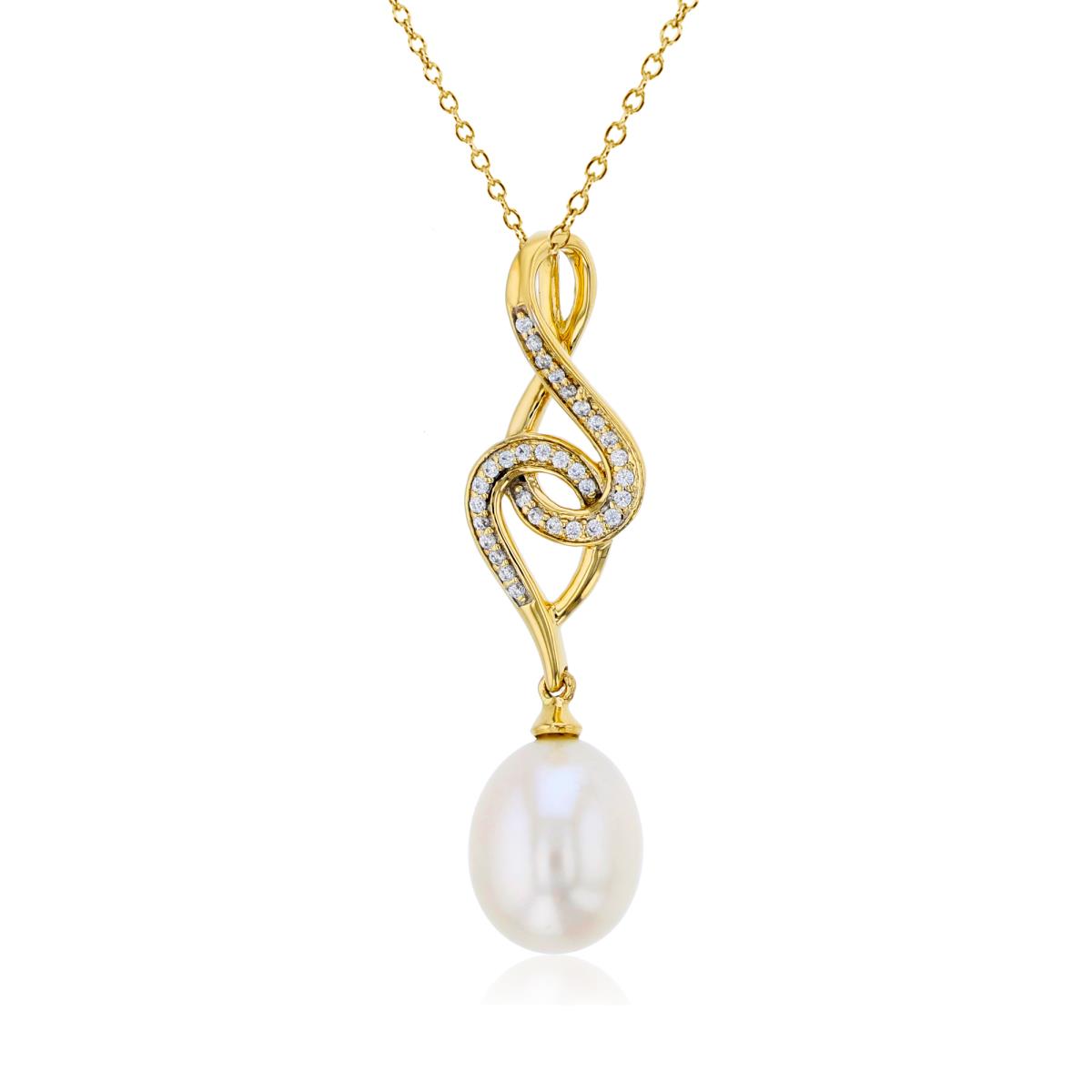 14K Yellow Gold 0.12 CTTW Rnd Diam & 11X9 mm TD White Pearl Drop Dangling 18"Necklace