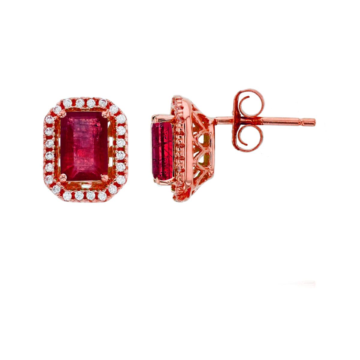 10K Rose Gold 0.15 CTTW Rnd Diamonds & 6x4mm EC Glass Field Ruby Cush Halo Stud Earring