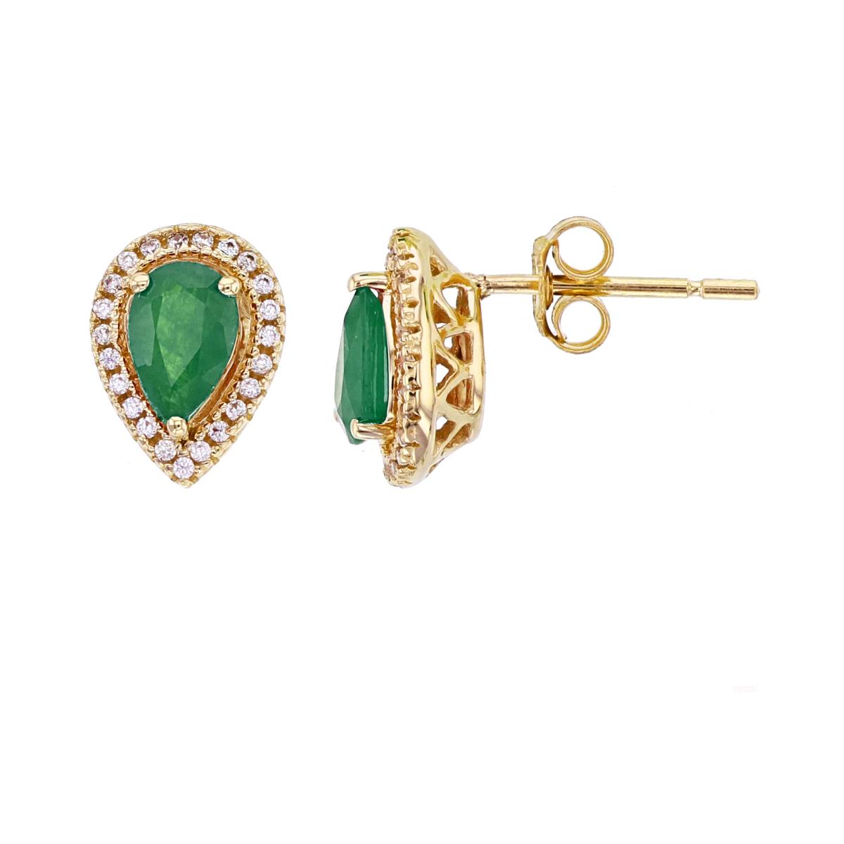10K Yellow Gold 0.14 CTTW Rnd Diamonds & 6x4mm PS Emerald Halo Stud Earring