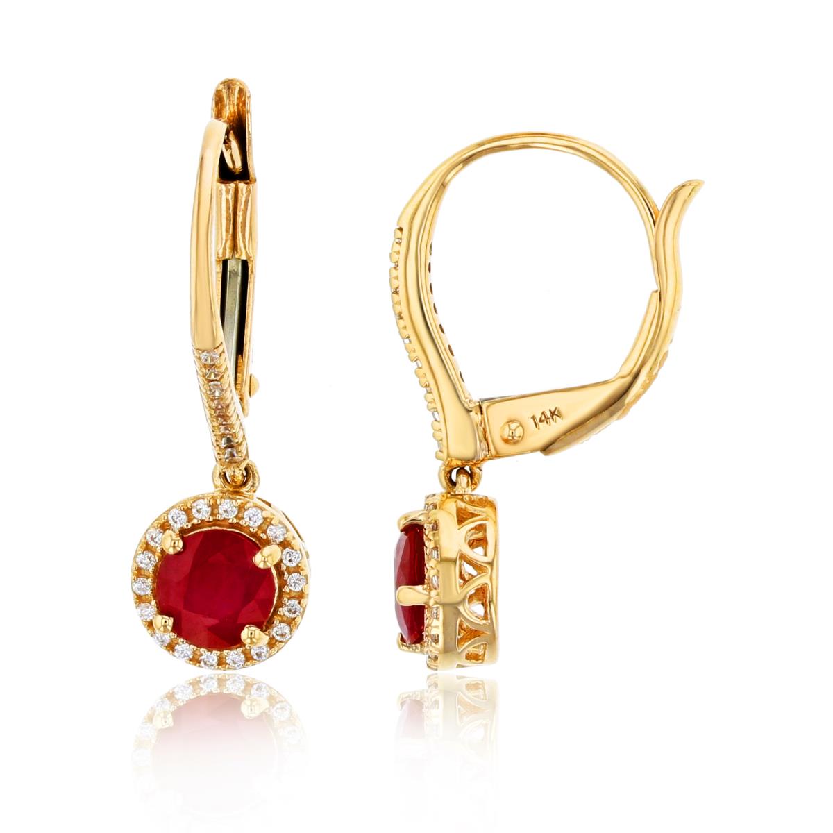 10K Yellow Gold 0.20cttw Rnd Diamonds & 5mm Rnd Glass Filled Ruby Dangling Lever Back Earrings