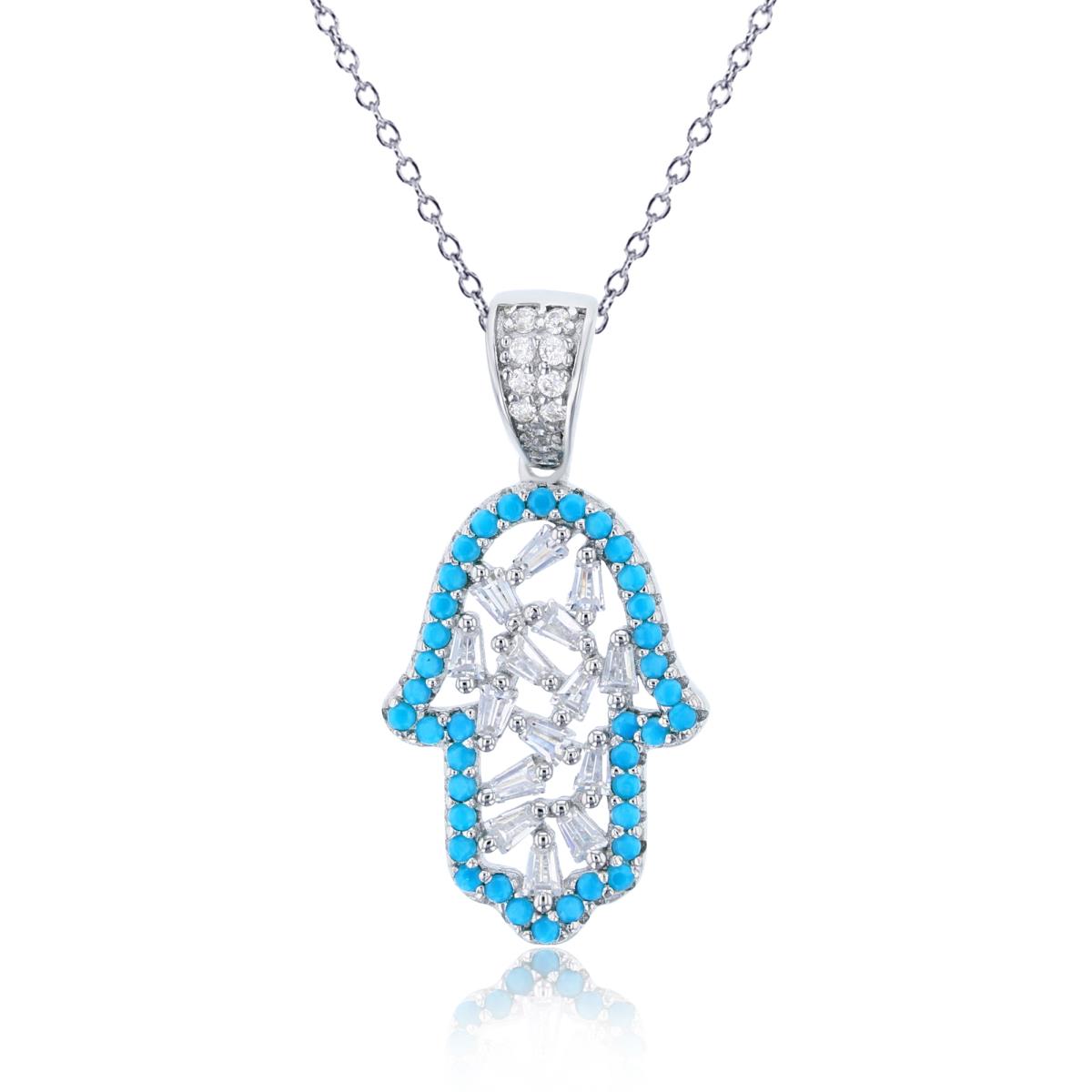 Sterling Silver Rhodium Sky Blue & White CZ Hamsa 18" Necklace