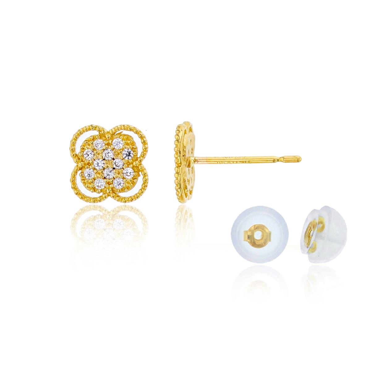 10K Yellow Gold Rnd CZ Micropave Milgrain Flower Studs with Silicon Backs