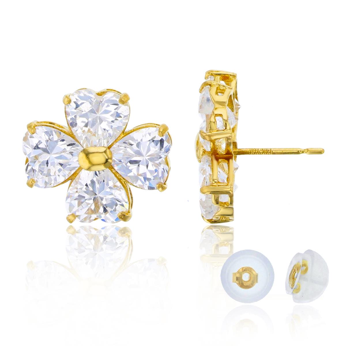 14K Yellow Gold 6mm HS CZ Flower Stud Earring with Silicon Backs