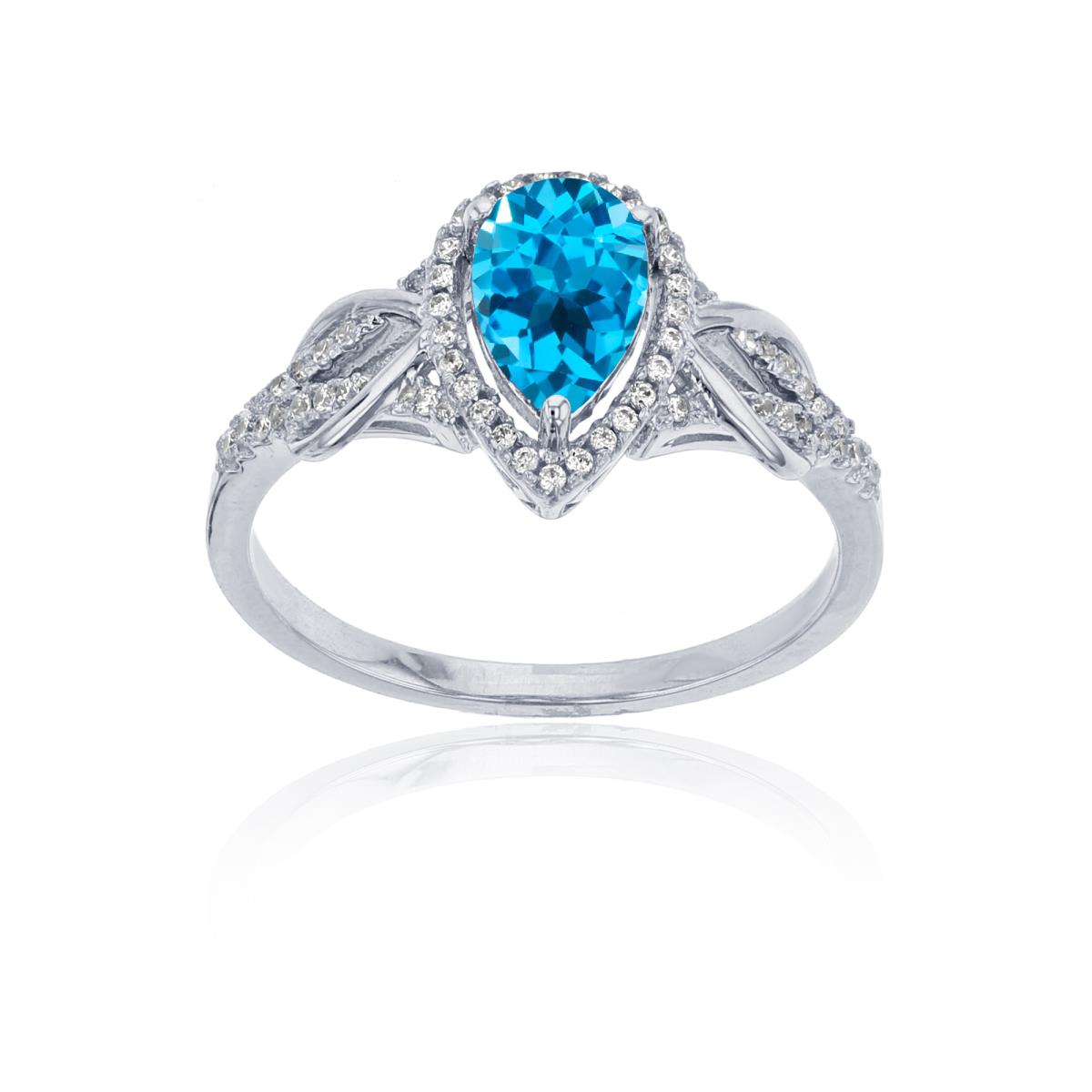 Sterling Silver Rhodium 0.17CTTW Rnd Diamond & 8x5mm Pear Cut Swiss Blue Topaz Knot Sides Ring
