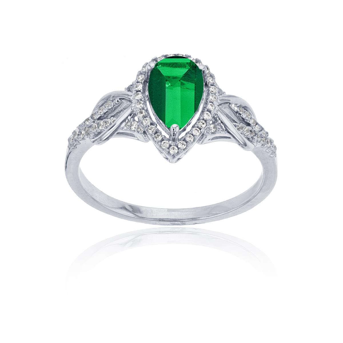 Sterling Silver Rhodium 0.17CTTW Rnd Diamond & 8x5mm Pear Cut Created Emerald Knot Sides Ring