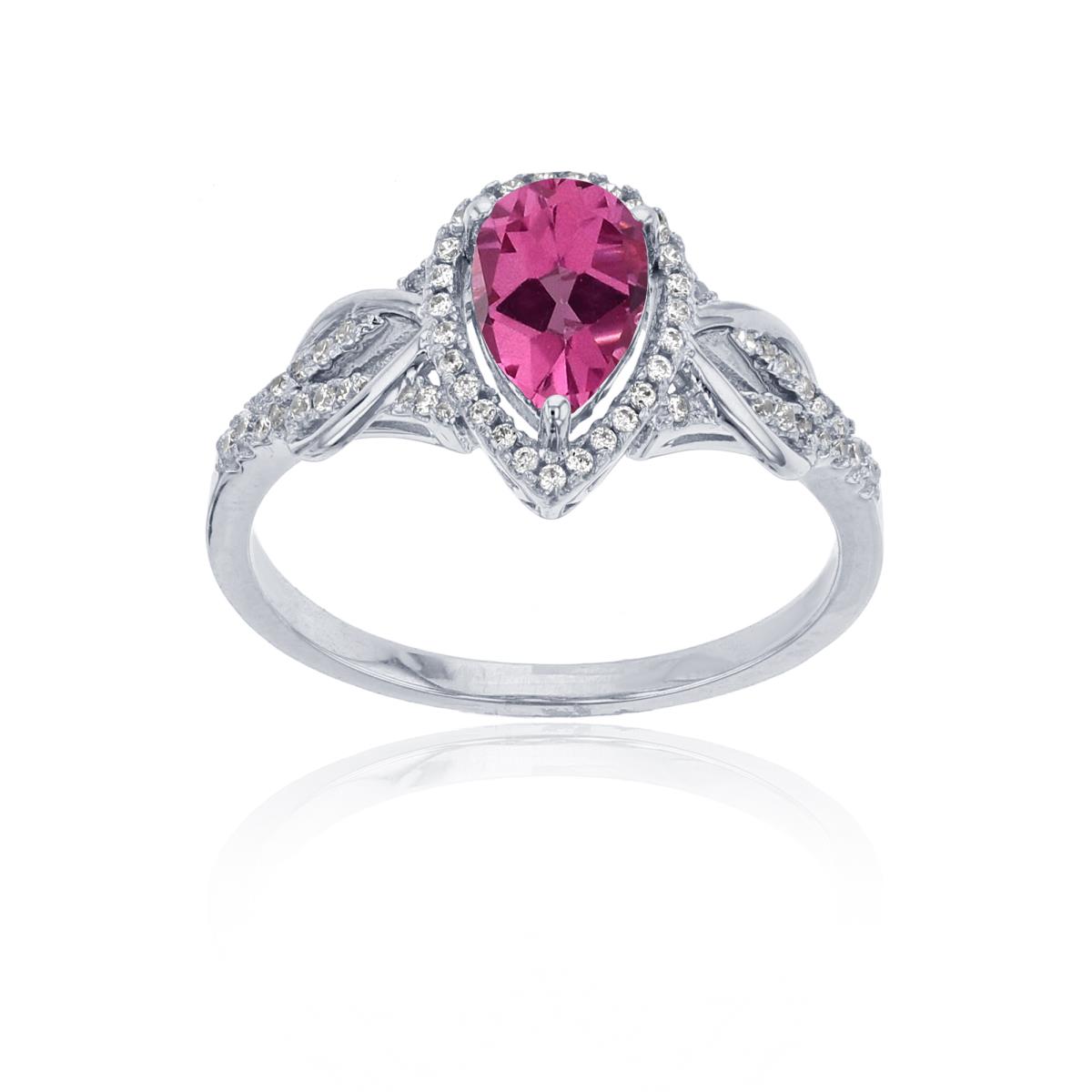 Sterling Silver Rhodium 0.17CTTW Rnd Diamond & 8x5mm Pear Cut Created Pink Sapphire Knot Sides Ring