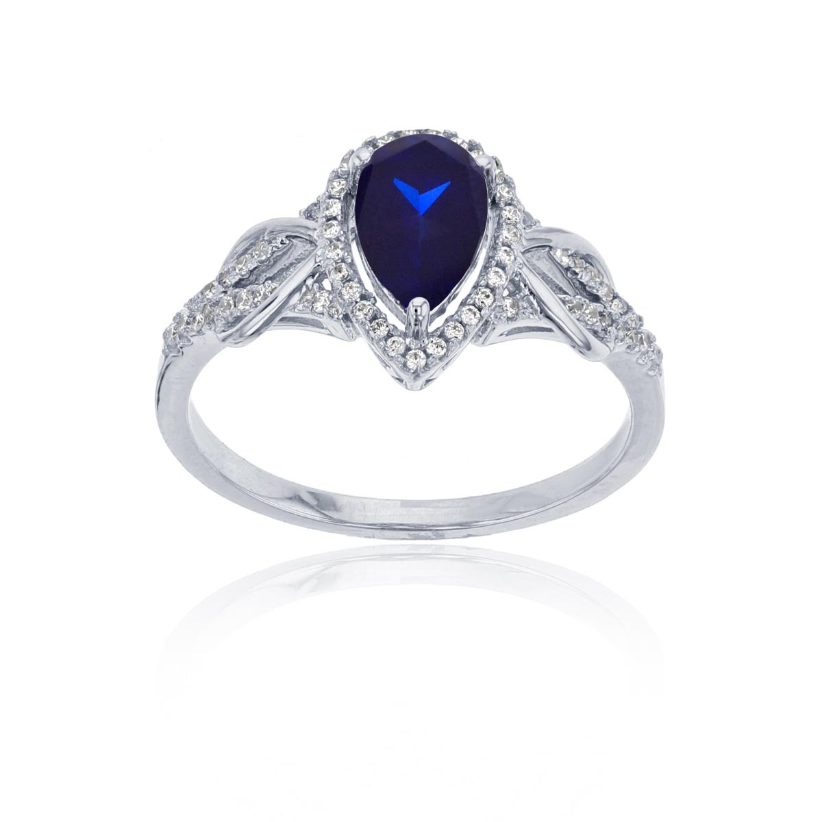 Sterling Silver Rhodium 0.17CTTW Rnd Diamond & 8x5mm Pear Cut Created Blue Sapphire Knot Sides Ring